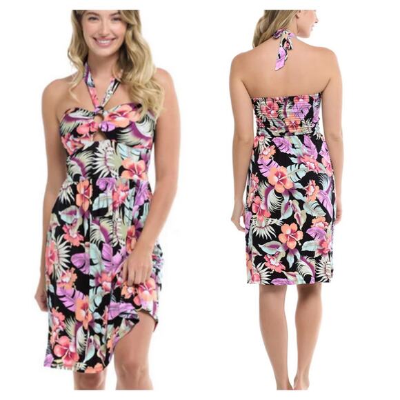 NWOT Skye Tropical Print Bandeau Dress with Built-in Cups Removable Neck Sash M - Picture 2 of 9